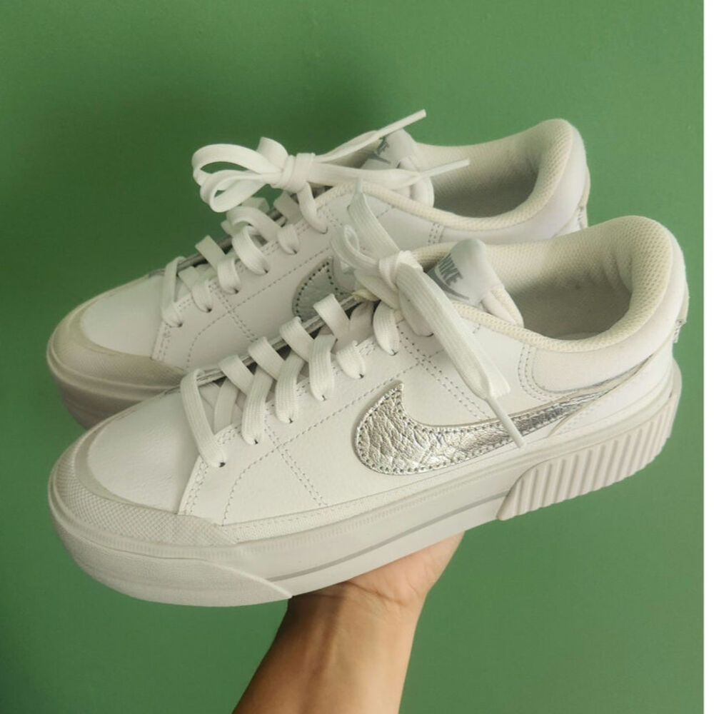 Nike platform Court legacy lift Sneakers white womens size6.5 & 7.5 silver Nwob